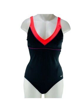 Nike Womens Black & Neon Pink One-Piece Swimsuit With V-Neck Design & Open Back